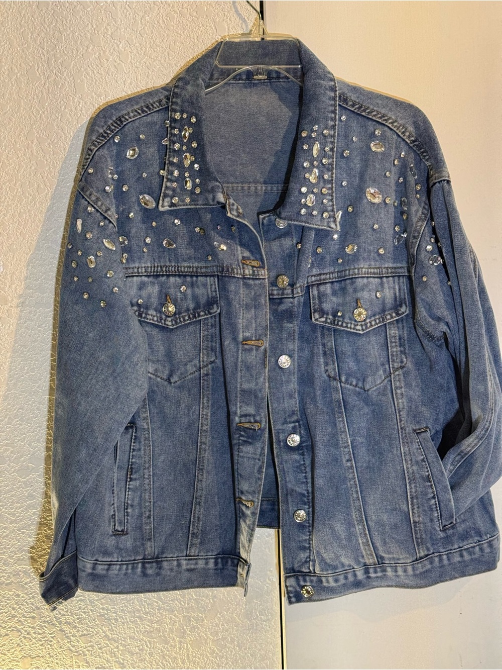 Embellished Blue Denim Jacket with Rhinestone Detail - Women